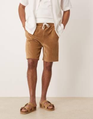 ASOS DESIGN slim ribbed velour short in beige-Neutral