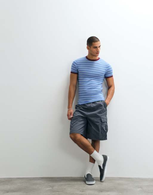 ASOS DESIGN slim ringer t-shirt in blue striped textured fabric, 2 of 5