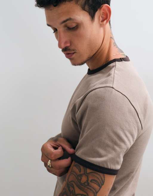 ASOS DESIGN slim ringer t shirt in washed brown, 5 of 5