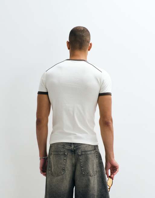 ASOS DESIGN slim ringer T-shirt with ceu graphic in cream, 4 of 5