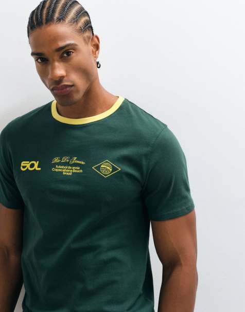 ASOS DESIGN slim ringer t-shirt with front text graphic in green - view 1