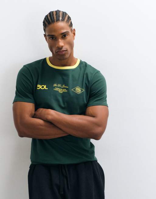 ASOS DESIGN slim ringer t-shirt with front text graphic in green, 3 of 5