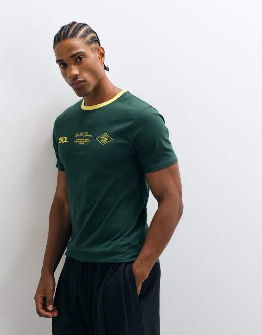 ASOS DESIGN slim ringer t-shirt with front text graphic in green, 5 of 5