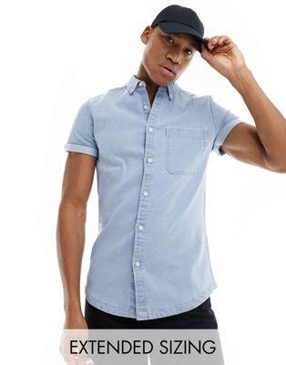 Asos Design Slim Roll Sleeve Denim Shirt With Button Down Collar In Light Blue Wash