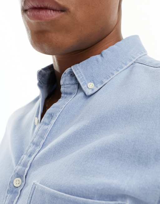 ASOS DESIGN slim roll sleeve denim shirt with button down collar in light blue wash, 2 of 4