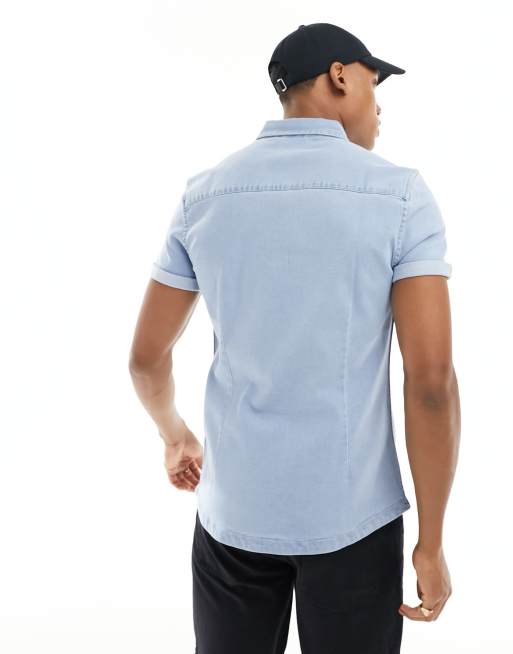 ASOS DESIGN slim roll sleeve denim shirt with button down collar in light blue wash, 4 of 4