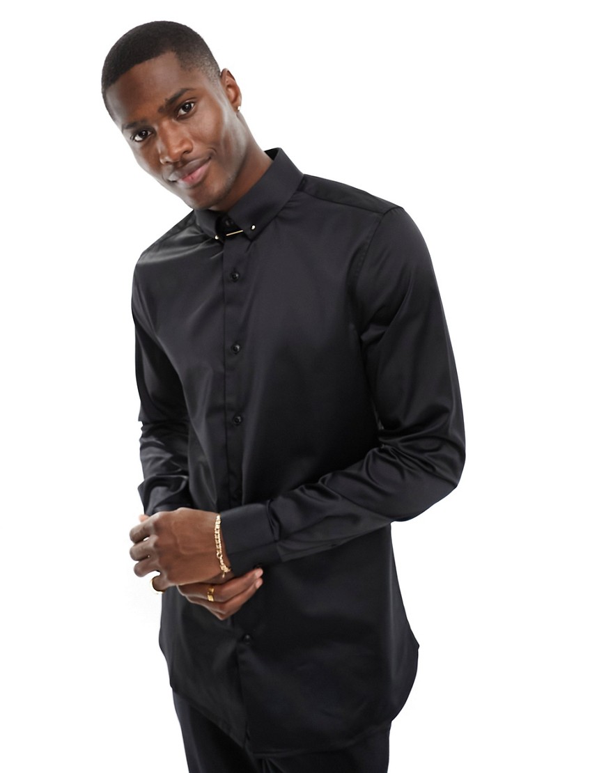 ASOS DESIGN slim sateen shirt with collar bar in black