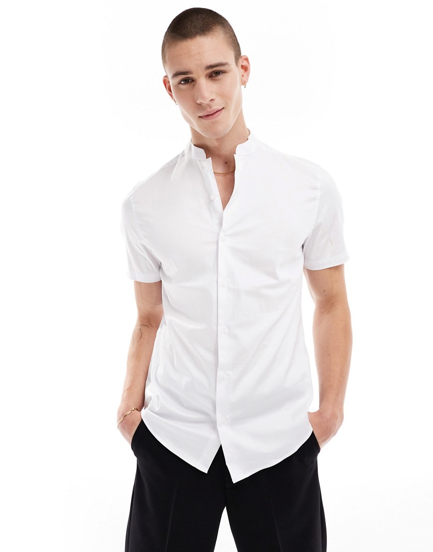 Asos Design Slim Sateen Shirt With Mandarin Collar In White