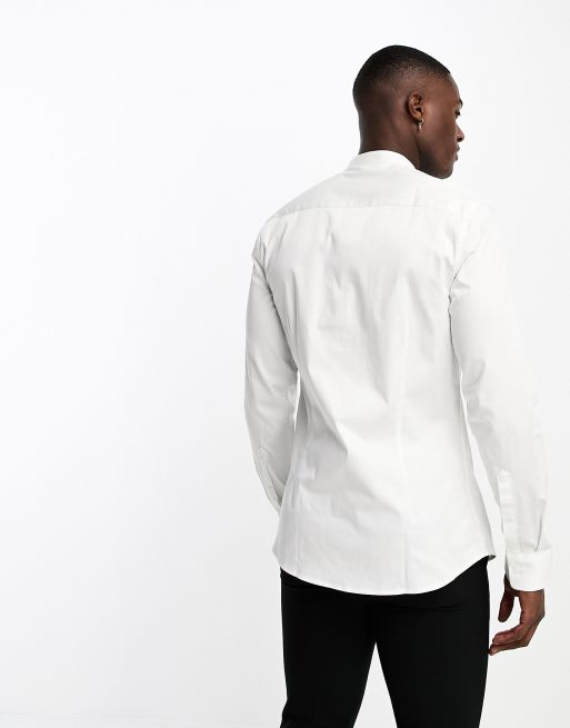 ASOS DESIGN slim sateen shirt with pleat front detail grandad collar in white