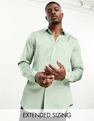 Asos Design Slim Satin Shirt In Sage Green