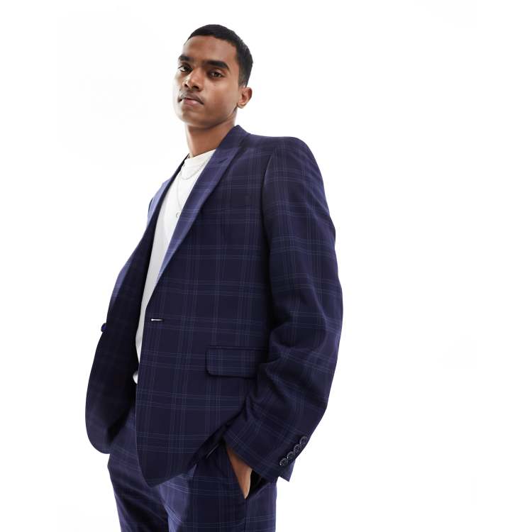 ASOS DESIGN slim shadow check suit jacket in navy | ASOS