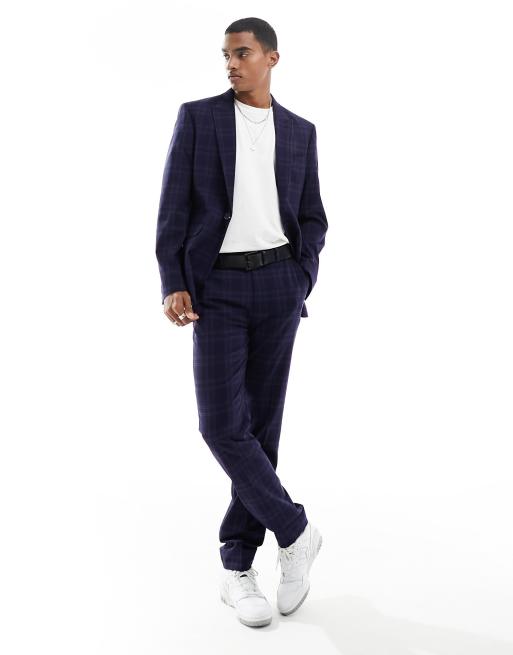 ASOS DESIGN slim shadow check suit jacket in navy | ASOS