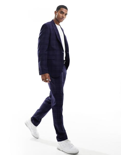ASOS DESIGN slim shadow check suit trouser in navy - view 1