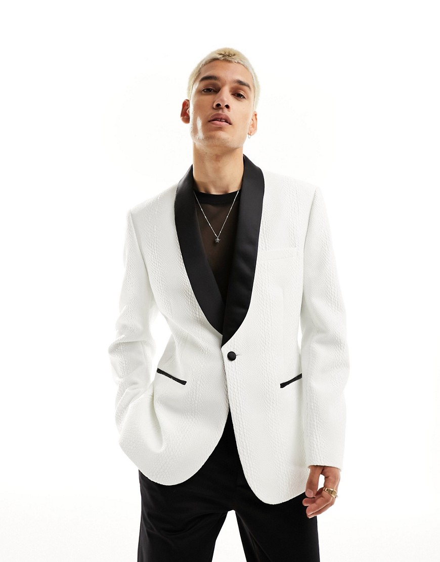 Asos Design Slim Shawl Collar Blazer In White In Jacquard