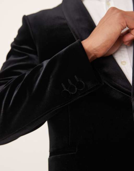 ASOS DESIGN slim shawl lapel tuxedo blazer in black velvet, 3 of 4