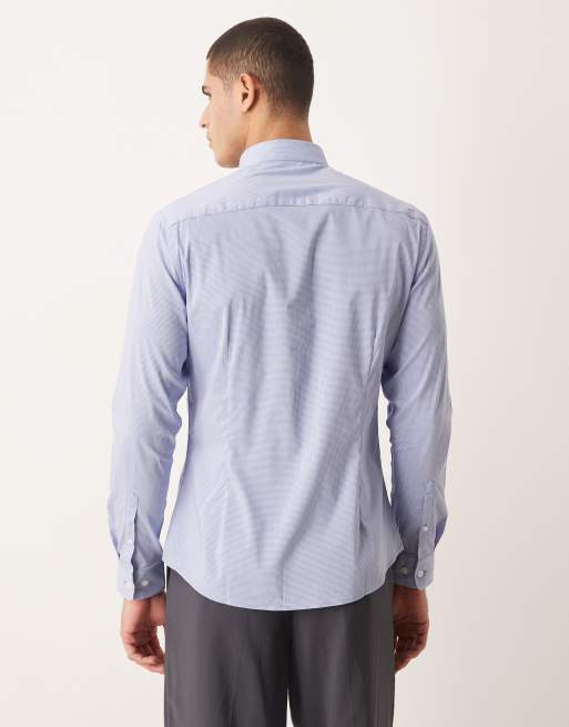ASOS DESIGN slim shirt in blue micro check , 3 of 5