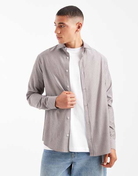 ASOS DESIGN slim shirt in brown stripe - view 1