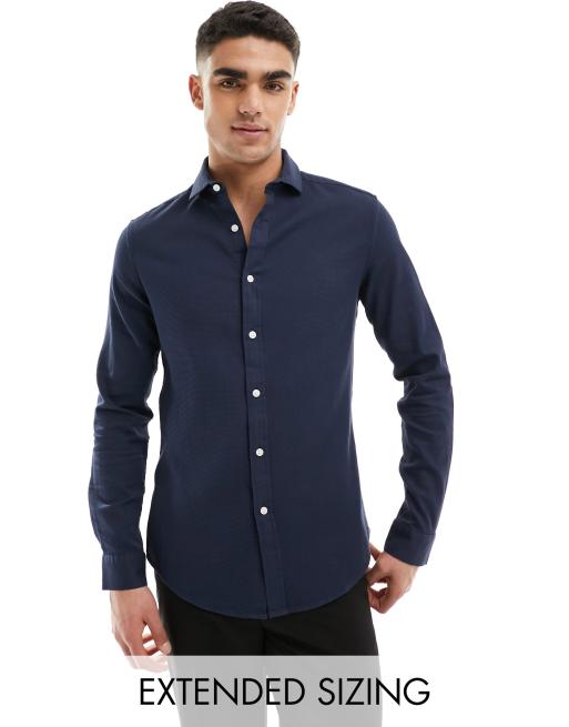 ASOS DESIGN slim shirt in waffle texture with cut-away collar in navy