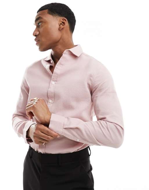 ASOS DESIGN slim shirt in waffle texture with cut away collar in pink ...