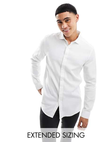 ASOS DESIGN slim shirt in waffle texture with cut away collar in white - view 1