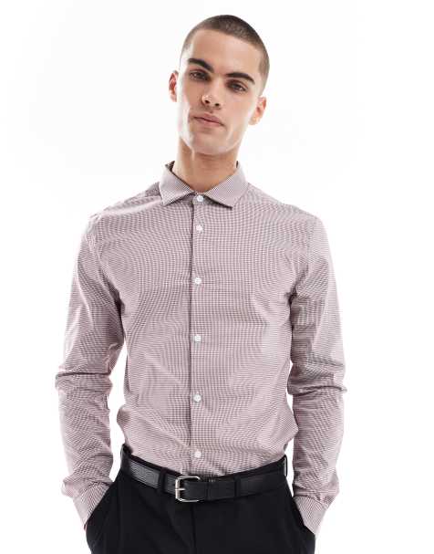 ASOS DESIGN slim shirt in white and burgundy micro check - view 1