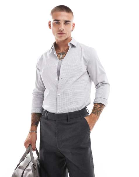 ASOS DESIGN slim shirt in white and grey microcheck - view 1