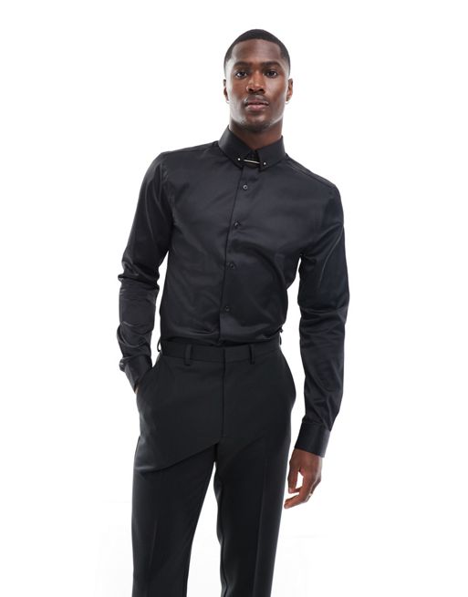  ASOS DESIGN slim shirt with collar bar detail in black