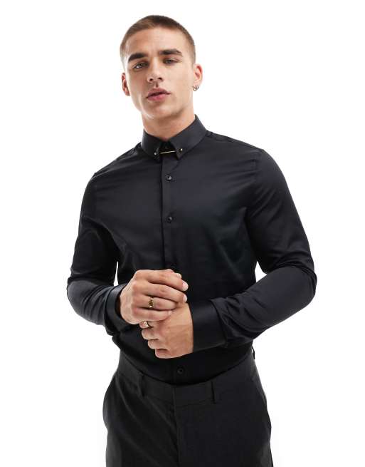 ASOS DESIGN slim shirt with collar bar detail in black | ASOS
