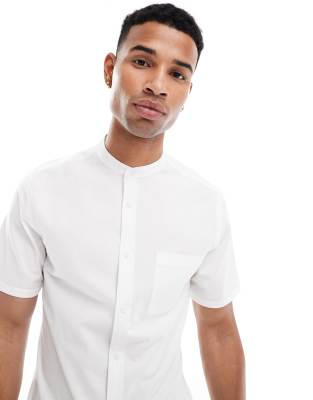 ASOS DESIGN slim shirt with grandad collar and pockets in white