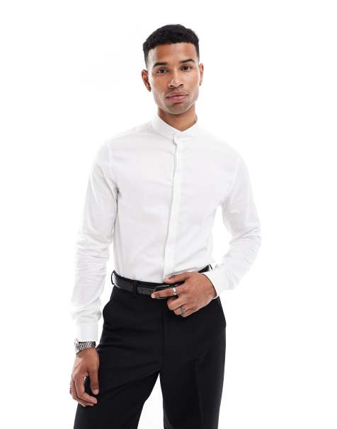 ASOS DESIGN slim shirt with grandad collar in white - view 1