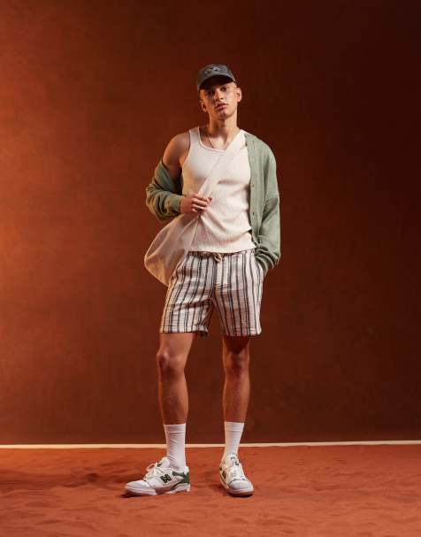 ASOS DESIGN slim short in heavy weight textured navy and white stripe - view 1