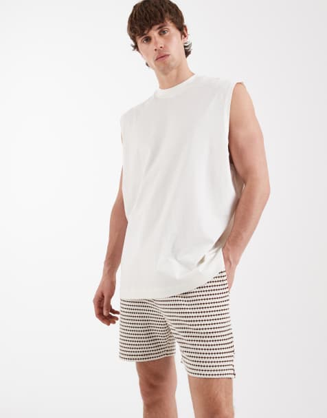 ASOS DESIGN slim short length jersey short with textured strip in stone - view 1