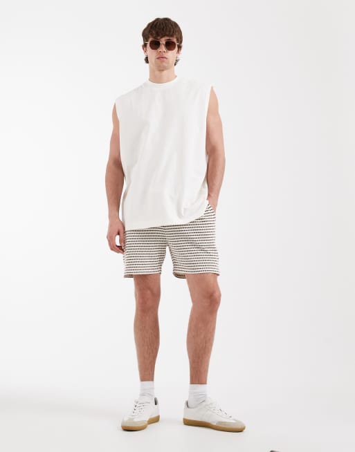 ASOS DESIGN slim short length jersey shorts with textured stripes in stone, 2 of 5