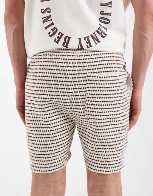 ASOS DESIGN slim short length jersey shorts with textured stripes in stone, 5 of 5