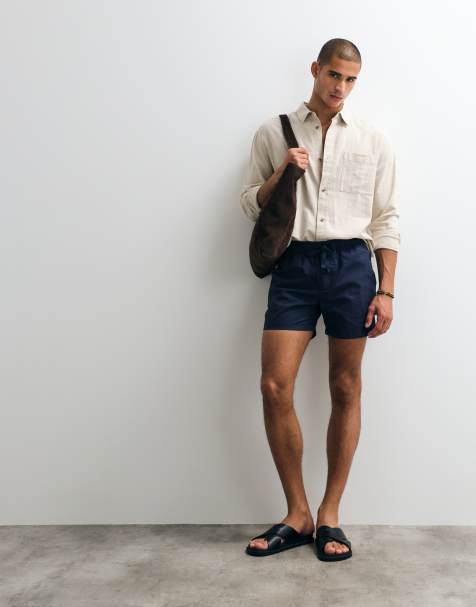 ASOS DESIGN slim short length linen blend shorts in navy - view 1