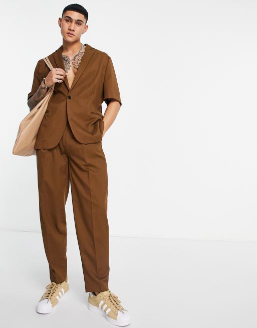 ASOS DESIGN slim short sleeve suit jacket in brown