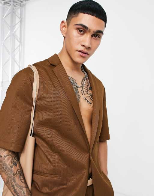 ASOS DESIGN slim short sleeve suit jacket in brown