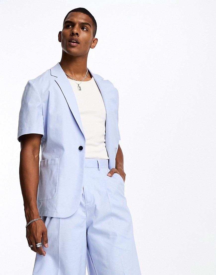 ASOS DESIGN slim short sleeved linen mix suit jacket in blue