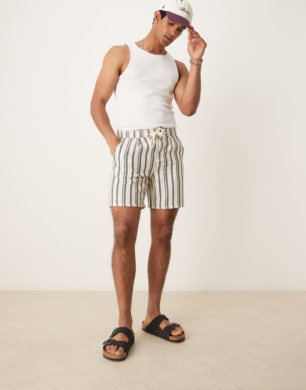 ASOS DESIGN slim short with pleats in navy and white stripe