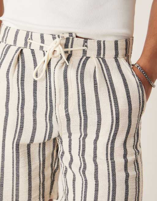 ASOS DESIGN slim short with pleats in navy and white stripe