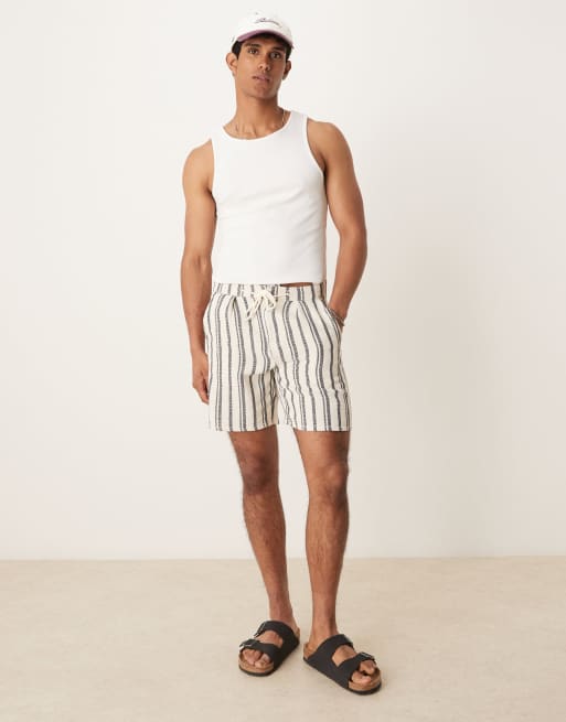 ASOS DESIGN slim short with pleats in navy and white stripe, 4 of 5