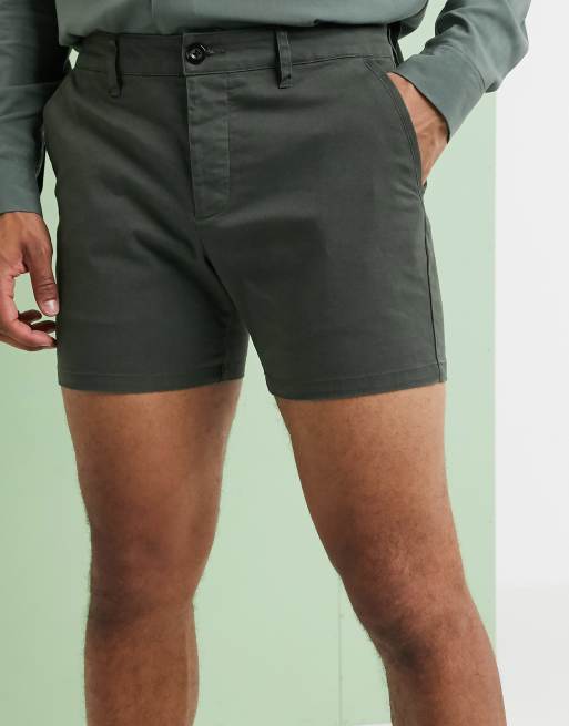 ASOS DESIGN slim shorter chino shorts in dark khaki