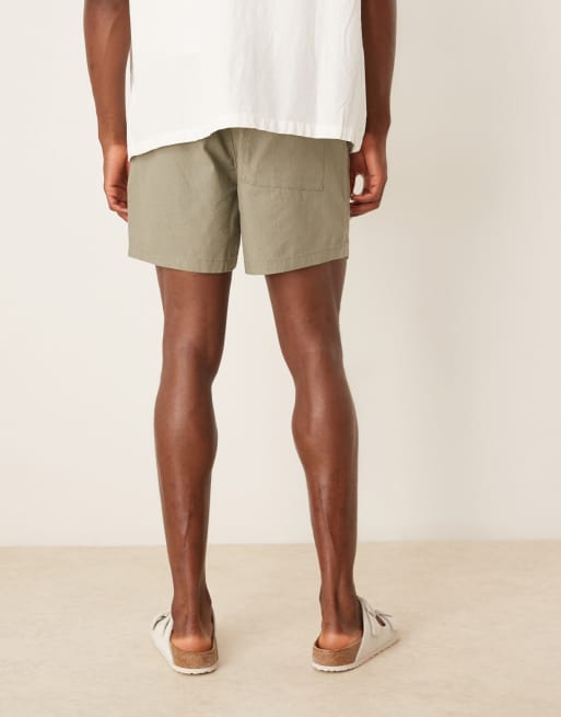 ASOS DESIGN slim shorter length linen blend shorts in khaki