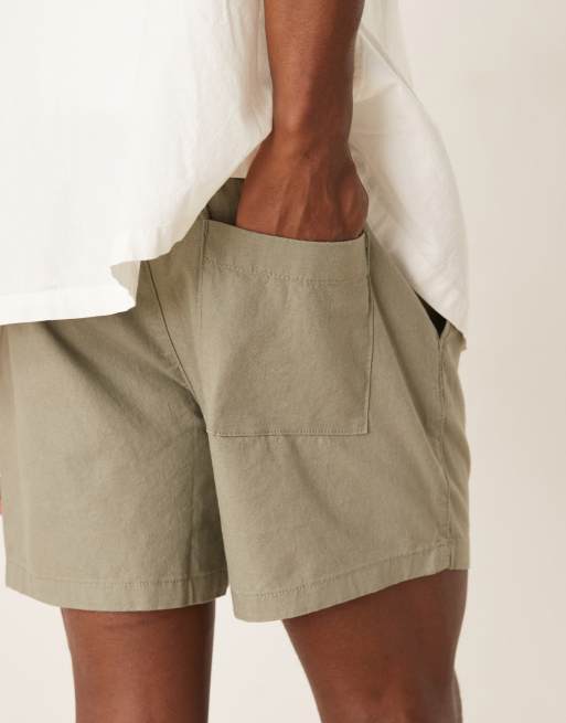 ASOS DESIGN slim shorter length linen blend shorts in khaki