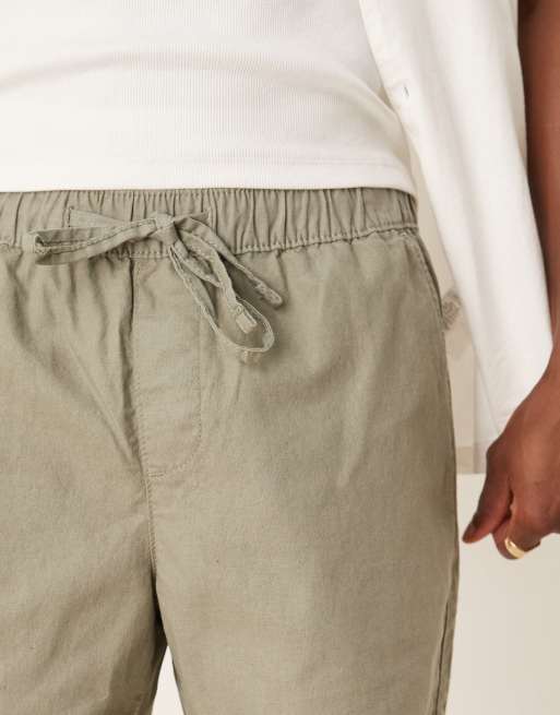 ASOS DESIGN slim shorter length linen blend shorts in khaki