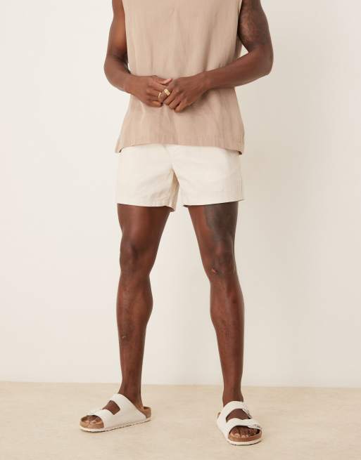 ASOS DESIGN slim shorter length linen blend shorts in stone