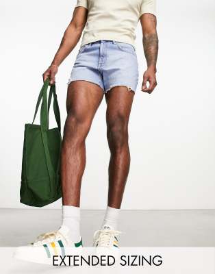slim shorter length ripped denim shorts in light blue wash