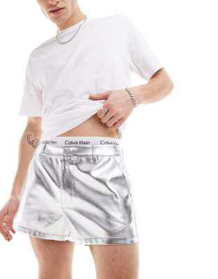 Asos Design Slim Shorter Length Shorts In Metallic Silver Leather Look