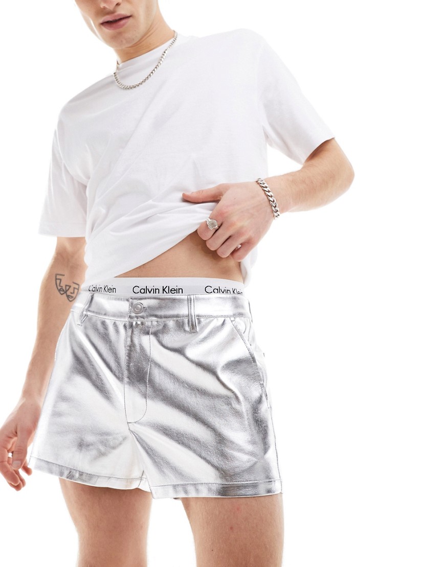 Asos Design Slim Shorter Length Shorts In Metallic Silver Leather Look