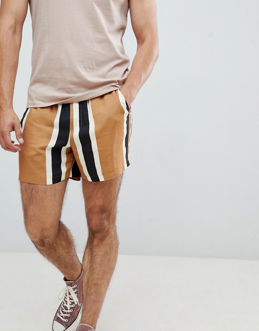 ASOS DESIGN slim shorts in block stripe-Brown